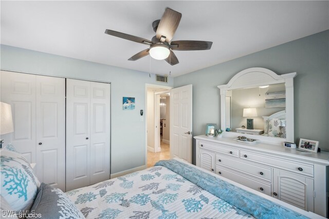 bedroom with ceiling fan and a closet