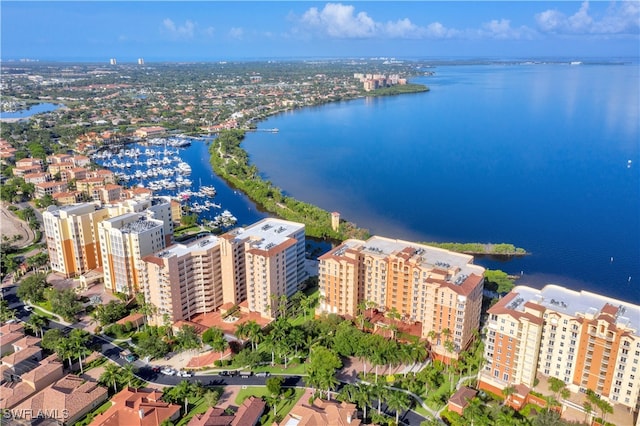 aerial view featuring a water view