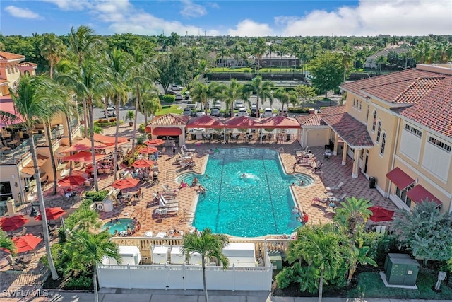 view of swimming pool featuring a patio area