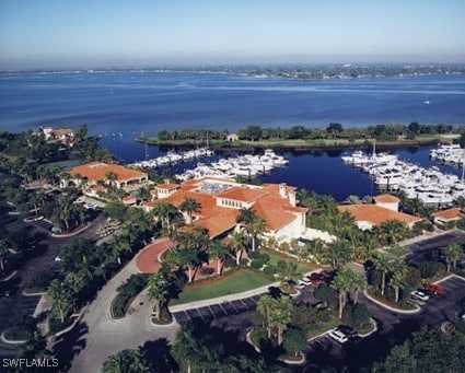 bird's eye view with a water view