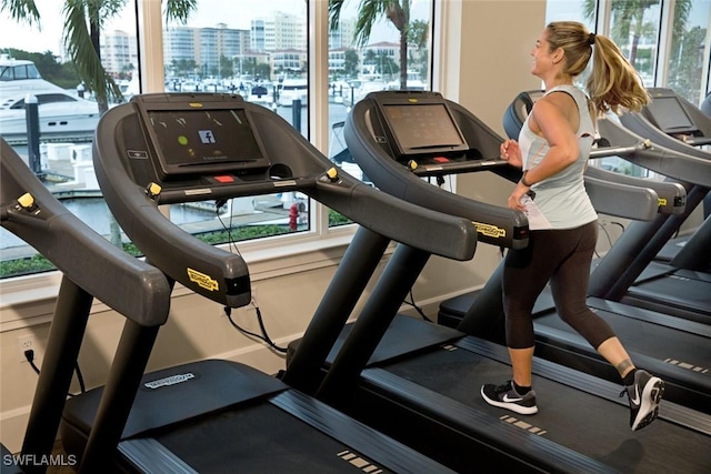 exercise room featuring a view of city and baseboards