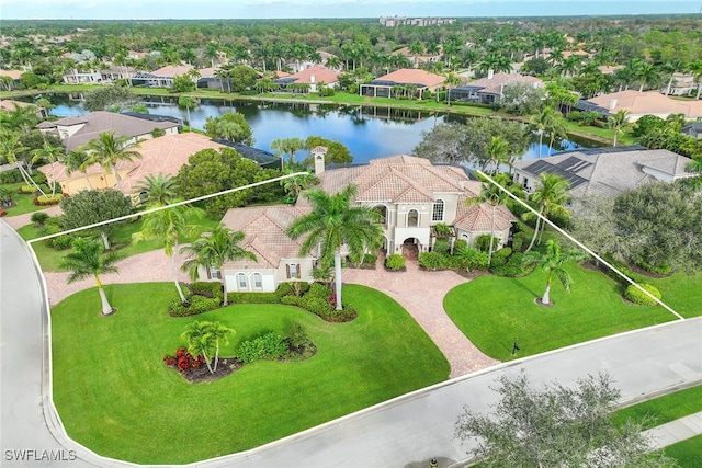 drone / aerial view featuring a water view