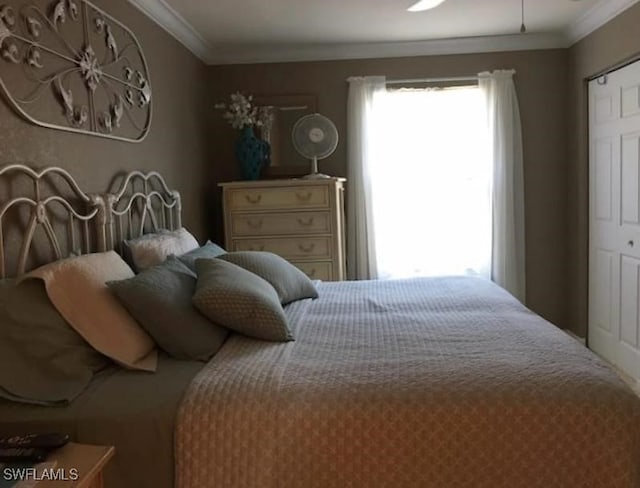 bedroom with a closet and ornamental molding