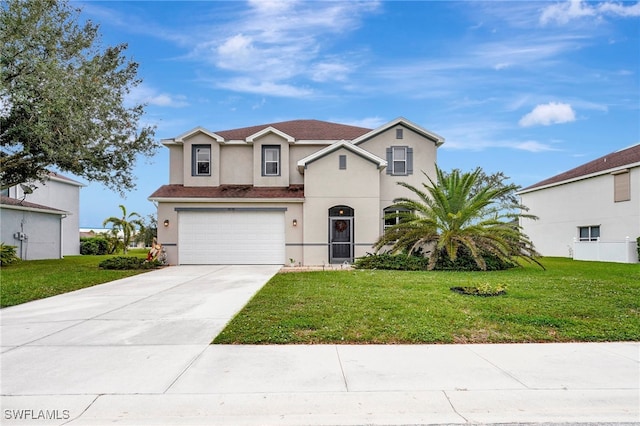 front facade with a garage and a front lawn