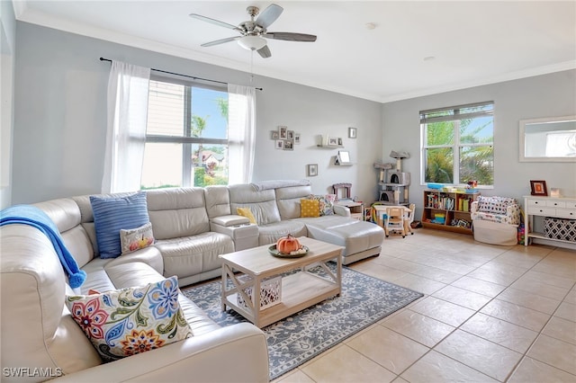 tiled living room featuring crown molding and ceiling fan