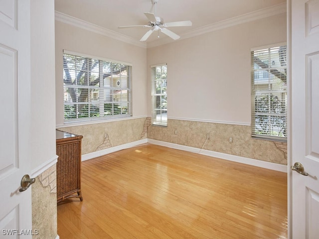 spare room featuring a wealth of natural light, wood-type flooring, and ceiling fan