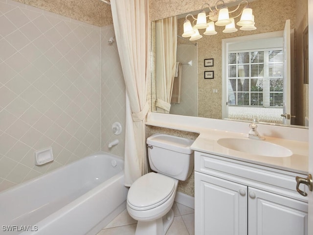 full bathroom with vanity, shower / bath combo, toilet, and tile patterned flooring