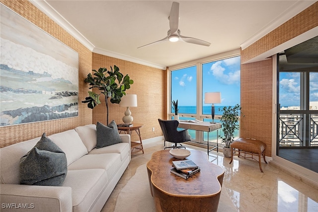 living room with plenty of natural light, floor to ceiling windows, a water view, and crown molding