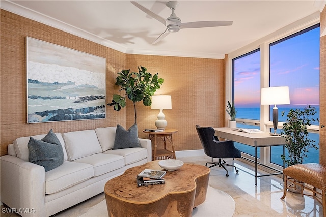 office space with a wall of windows, crown molding, a water view, and ceiling fan