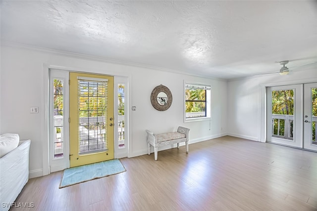 entryway featuring light hardwood / wood-style floors, ceiling fan, and a healthy amount of sunlight