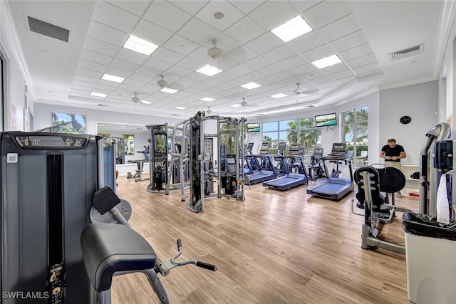 exercise room with hardwood / wood-style flooring, a drop ceiling, crown molding, and ceiling fan