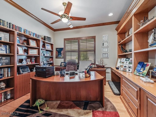 office area with ornamental molding, ceiling fan, and light hardwood / wood-style floors