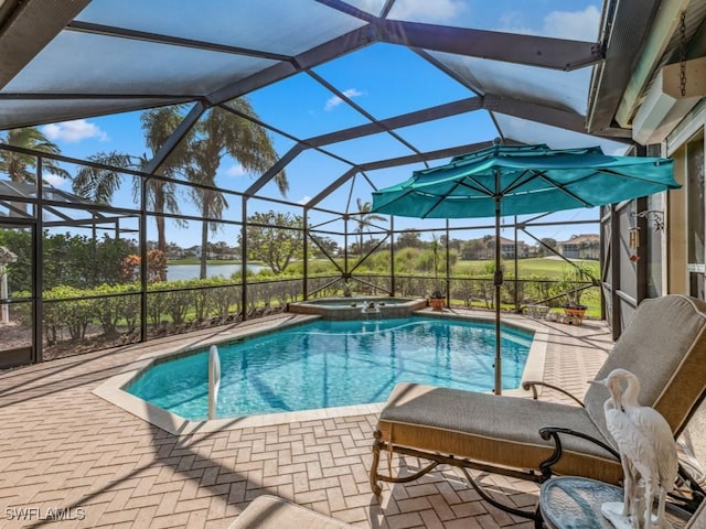 view of swimming pool with an in ground hot tub, a water view, a lanai, and a patio