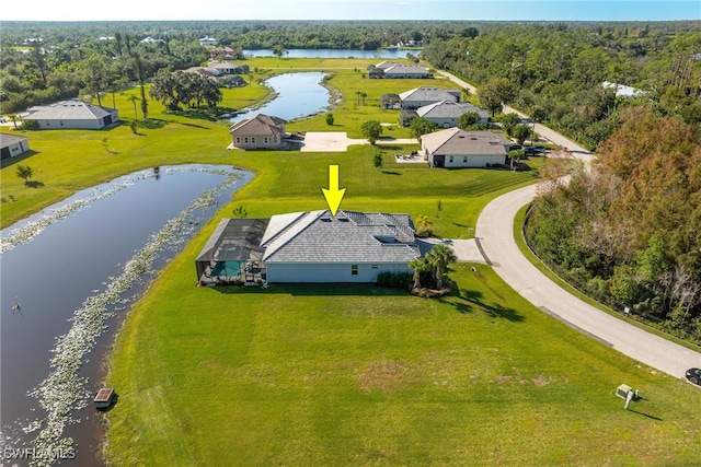 drone / aerial view featuring a water view