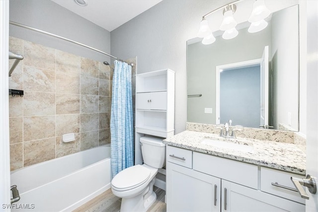 full bathroom featuring vanity, toilet, shower / tub combo, and hardwood / wood-style floors