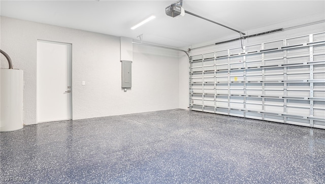 garage featuring electric panel, a garage door opener, and water heater