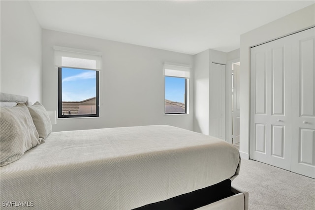 bedroom featuring multiple closets and carpet flooring