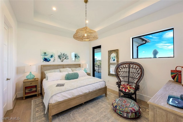 bedroom featuring hardwood / wood-style flooring and a tray ceiling