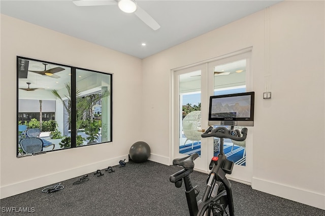 workout area featuring a wealth of natural light and ceiling fan