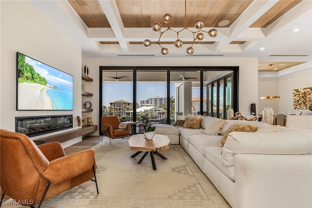 living room with coffered ceiling, beam ceiling, and wooden ceiling