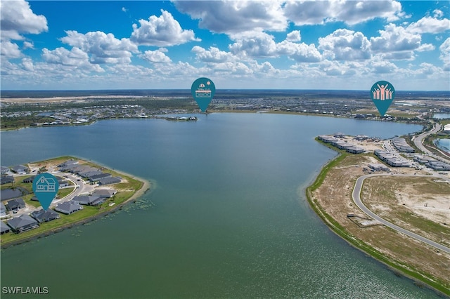 drone / aerial view featuring a water view