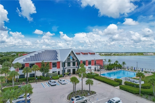 aerial view featuring a water view