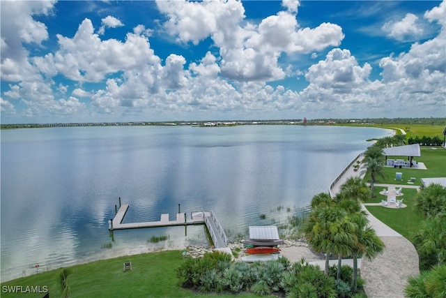 view of water feature with a dock