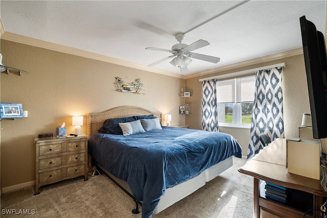 bedroom featuring carpet, crown molding, and ceiling fan