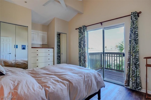 bedroom featuring wood-type flooring, vaulted ceiling with beams, access to exterior, ceiling fan, and a closet