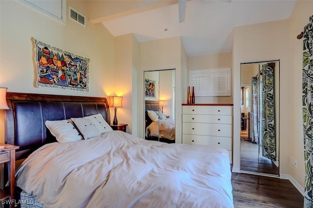 bedroom with dark hardwood / wood-style flooring, vaulted ceiling with beams, a closet, and ceiling fan