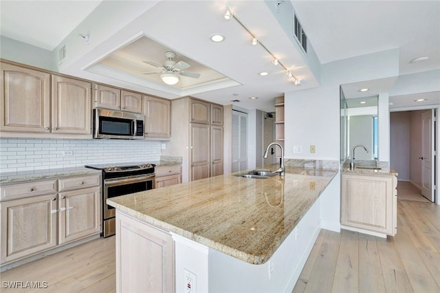 kitchen with stainless steel appliances, light hardwood / wood-style floors, sink, and kitchen peninsula