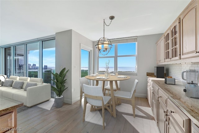 dining room featuring a wealth of natural light, a chandelier, and light hardwood / wood-style flooring