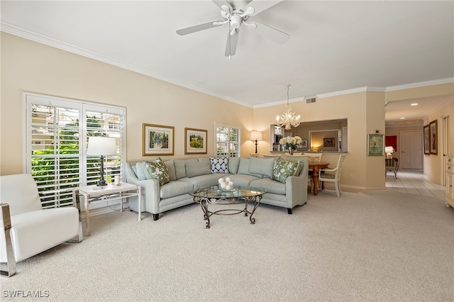 carpeted living room featuring crown molding and ceiling fan with notable chandelier