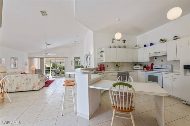 kitchen with white cabinets, a kitchen bar, hanging light fixtures, white appliances, and kitchen peninsula