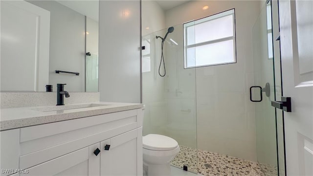 bathroom featuring vanity, an enclosed shower, and toilet