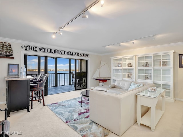 1925 Clifford St Unit 1202, Fort Myers, FL 33901 - living area featuring track lighting, ornamental molding, carpet flooring, a water view, and baseboards