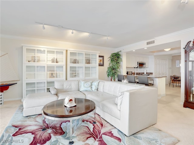 carpeted living room with track lighting and crown molding