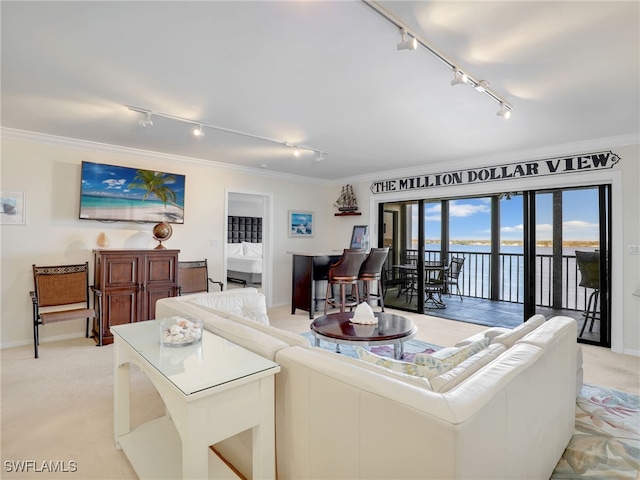 1925 Clifford St Unit 1202, Fort Myers, FL 33901 - living area with track lighting, light carpet, ornamental molding, baseboards, and a water view