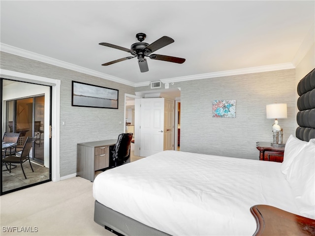 bedroom featuring light carpet, ceiling fan, and crown molding