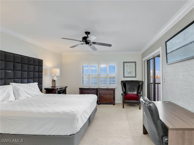 bedroom with ceiling fan, light carpet, and crown molding