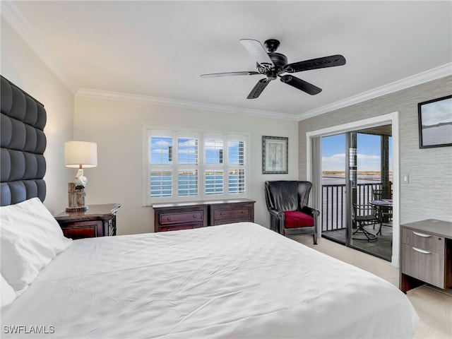 bedroom featuring ornamental molding, access to outside, light carpet, and ceiling fan