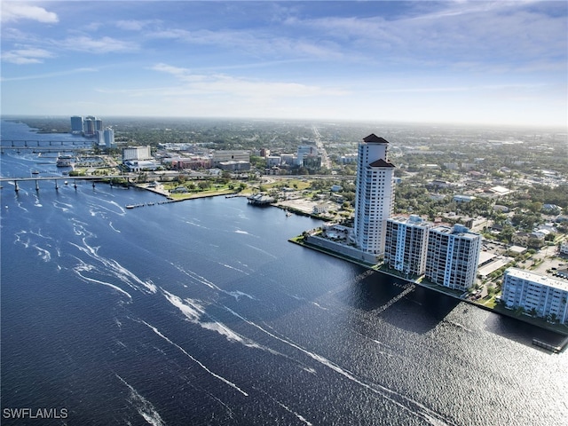 drone / aerial view featuring a water view