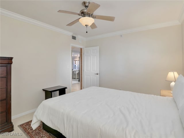 bedroom featuring ornamental molding, carpet flooring, and ceiling fan