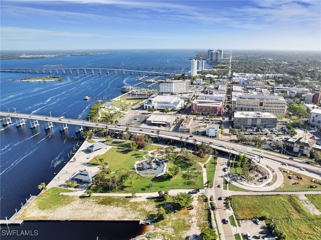 drone / aerial view with a water view