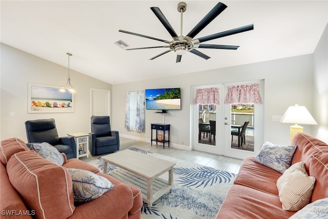 living room with french doors, light hardwood / wood-style flooring, lofted ceiling, and ceiling fan