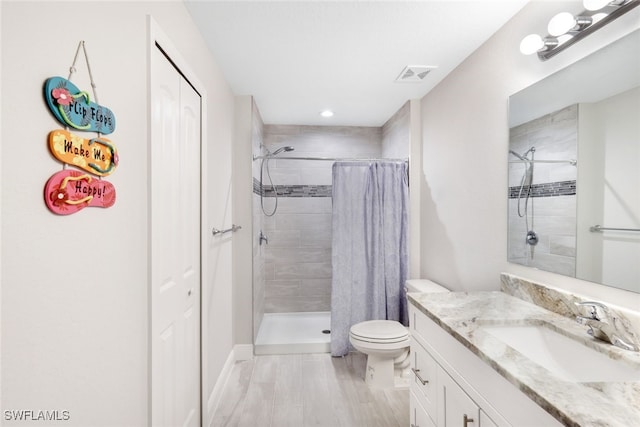 bathroom featuring toilet, vanity, and curtained shower