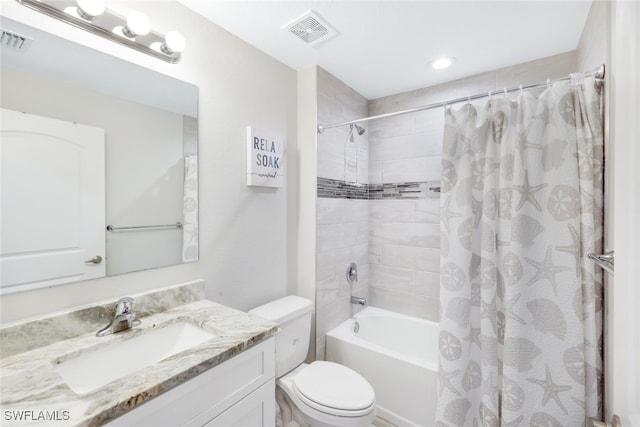 full bathroom featuring vanity, toilet, and shower / bathtub combination with curtain