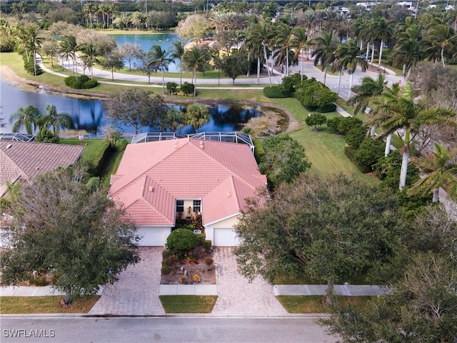 drone / aerial view featuring a water view