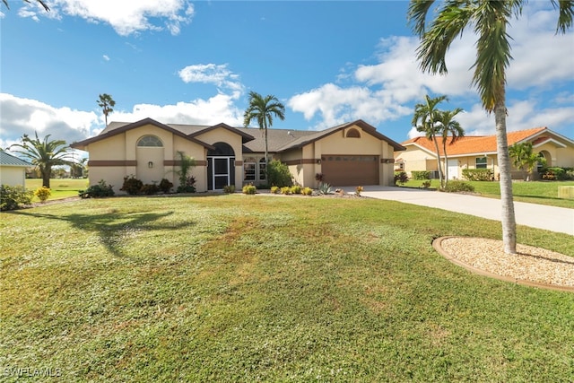 single story home with an attached garage, driveway, a front lawn, and stucco siding