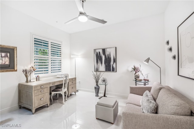 office area with ceiling fan and light tile patterned flooring